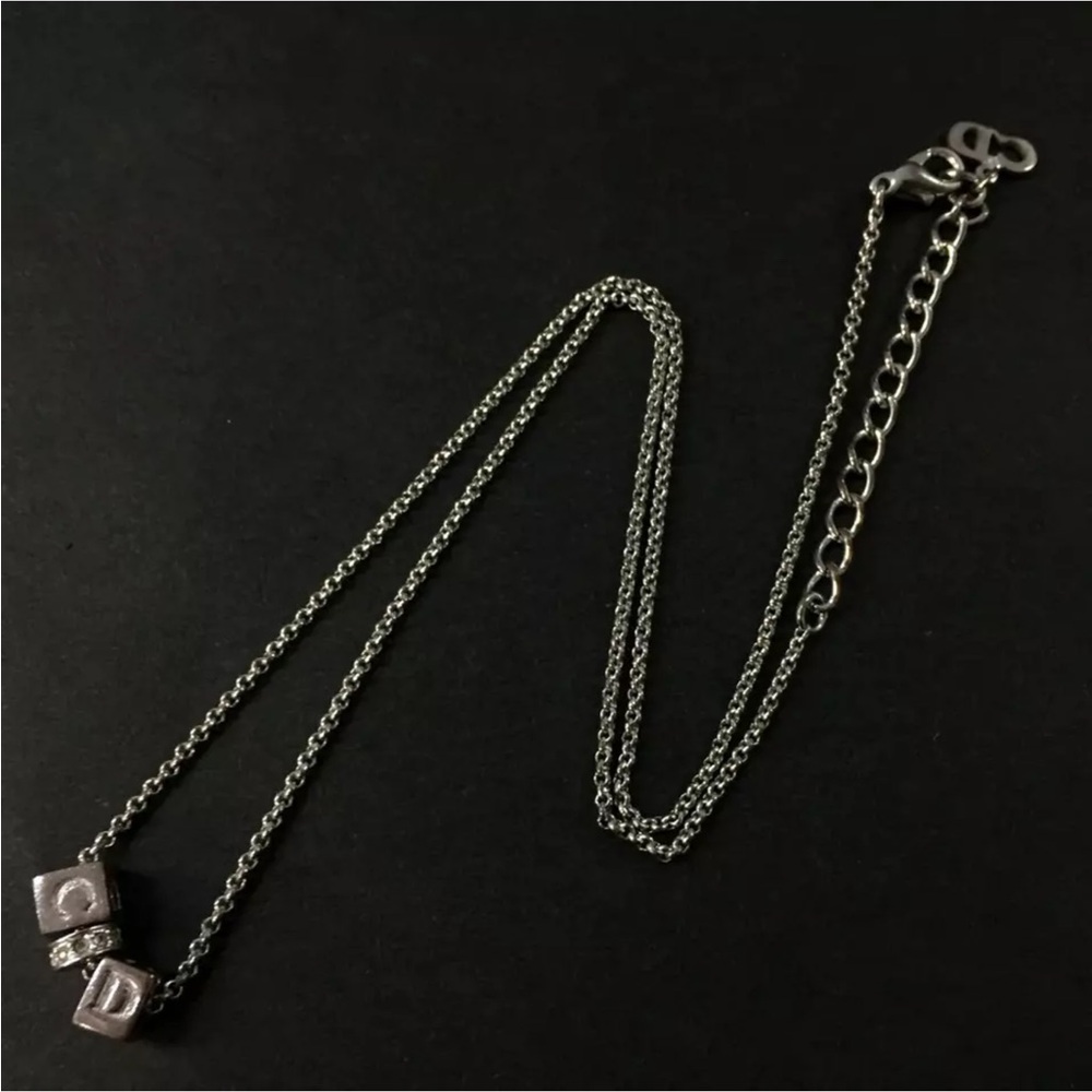 Christian Dior Cube CD Logo Rhinestone Silver Tone Pendant Necklace
